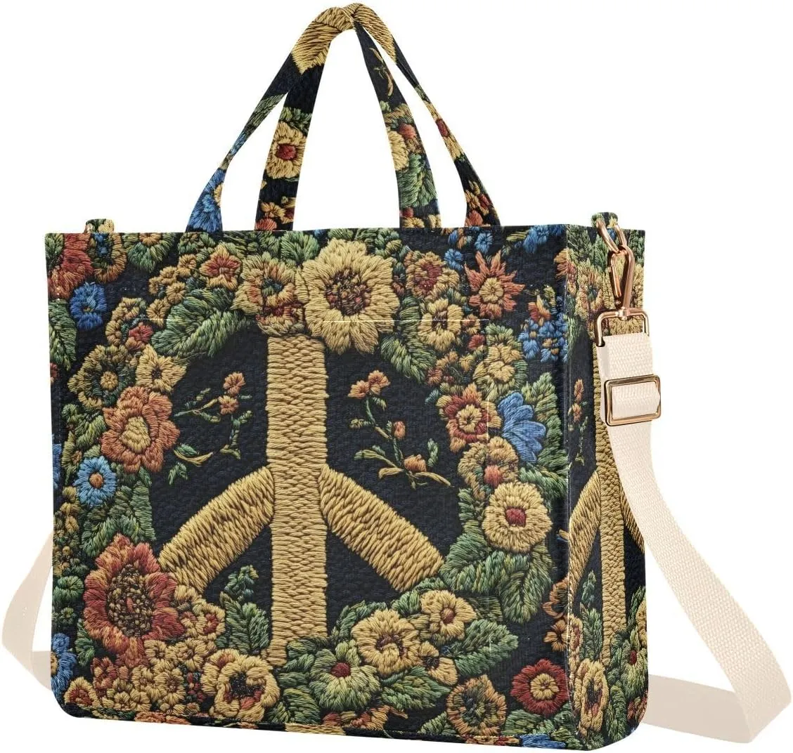 Embroidery Peace Sign Tote Bag for Women Corduroy Handbag Purse with Detachable Strap Small Size