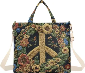 Embroidery Peace Sign Tote Bag for Women Corduroy Handbag Purse with Detachable Strap Small Size