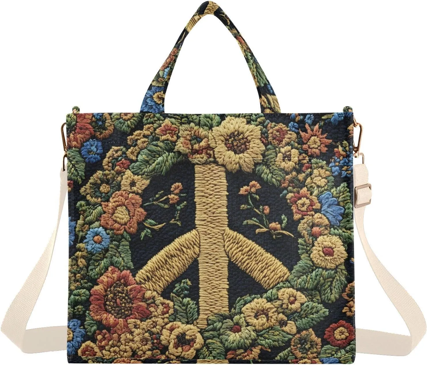 Embroidery Peace Sign Tote Bag for Women Corduroy Handbag Purse with Detachable Strap Small Size