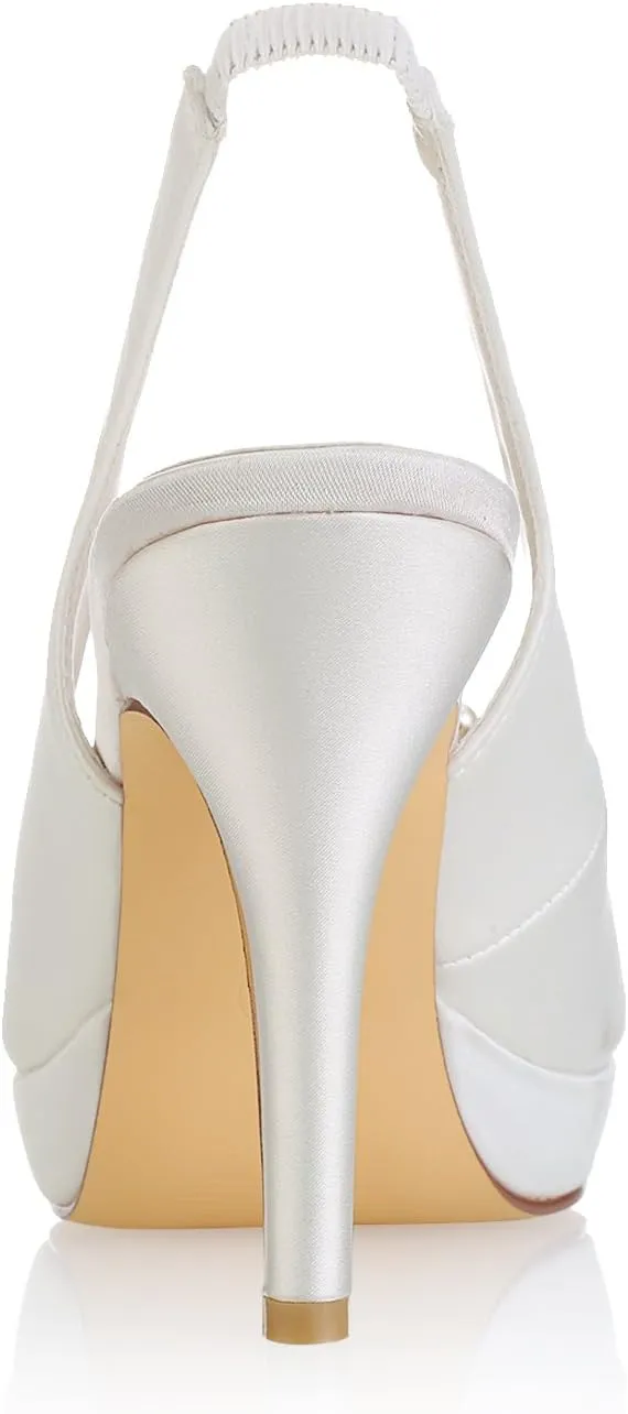 Emily Bridal Ivory Wedding Shoes Peep Toe Pearls Slingbacks Bridal Shoes Women High Heels