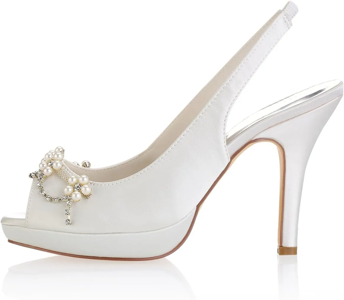 Emily Bridal Ivory Wedding Shoes Peep Toe Pearls Slingbacks Bridal Shoes Women High Heels