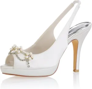 Emily Bridal Ivory Wedding Shoes Peep Toe Pearls Slingbacks Bridal Shoes Women High Heels