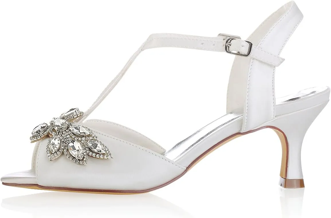 Emily Bridal Ivory Wedding Shoes Peep Toe Rhinestones Kitten Heel Bridal Shoes Women Shoes