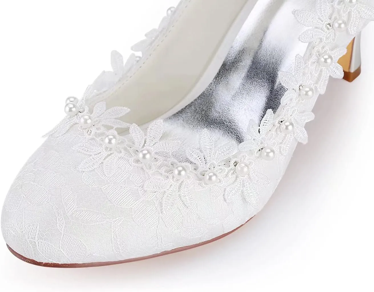 Emily Bridal Vintage Wedding Shoes Ivory Round Toe Pearls Flowers Kitten Heel Bridal Shoes