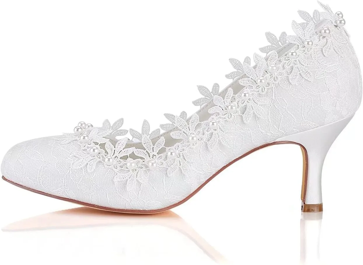 Emily Bridal Vintage Wedding Shoes Ivory Round Toe Pearls Flowers Kitten Heel Bridal Shoes