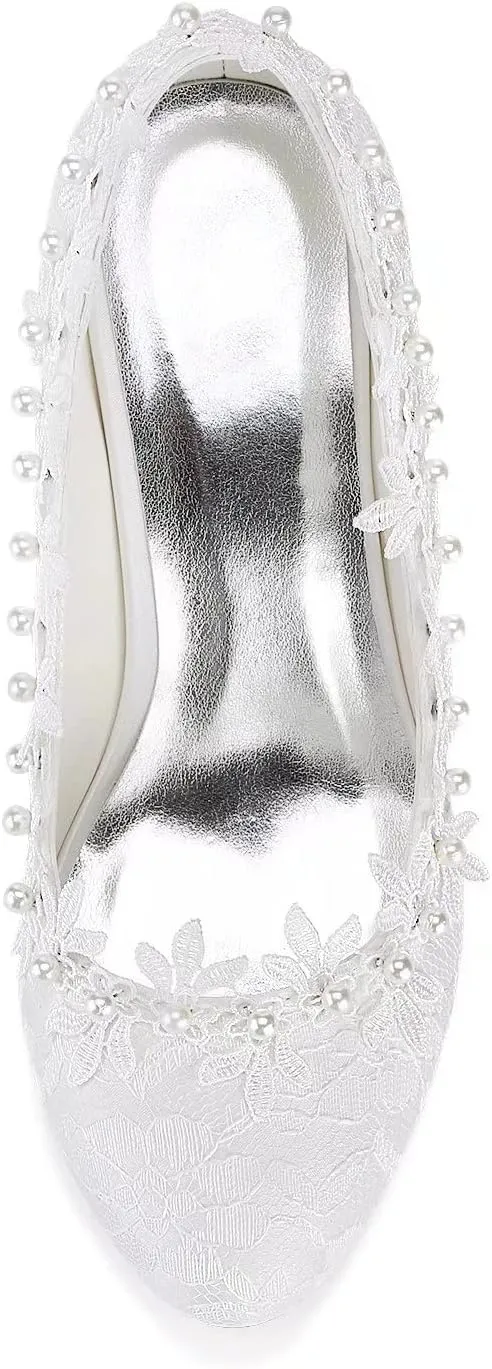 Emily Bridal Vintage Wedding Shoes Ivory Round Toe Pearls Flowers Kitten Heel Bridal Shoes