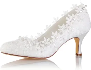 Emily Bridal Vintage Wedding Shoes Ivory Round Toe Pearls Flowers Kitten Heel Bridal Shoes