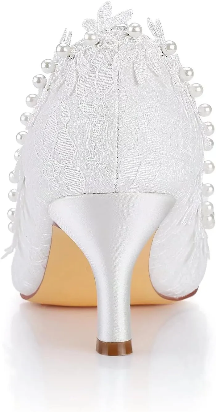 Emily Bridal Vintage Wedding Shoes Ivory Round Toe Pearls Flowers Kitten Heel Bridal Shoes