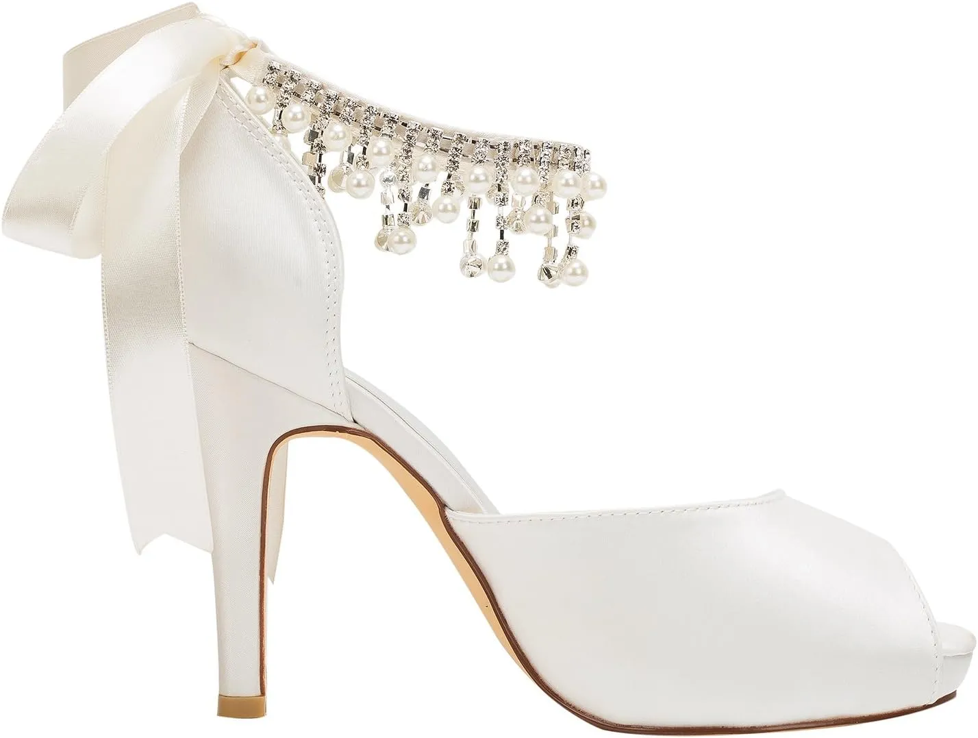 Emily Bridal Wedding Shoe Ivory Wedding Shoes Satin High Heels Peep Toe Pearls Lace up Bridal Shoes
