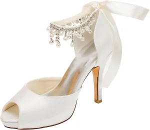 Emily Bridal Wedding Shoe Ivory Wedding Shoes Satin High Heels Peep Toe Pearls Lace up Bridal Shoes