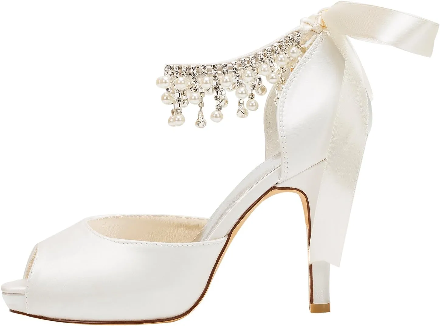 Emily Bridal Wedding Shoe Ivory Wedding Shoes Satin High Heels Peep Toe Pearls Lace up Bridal Shoes