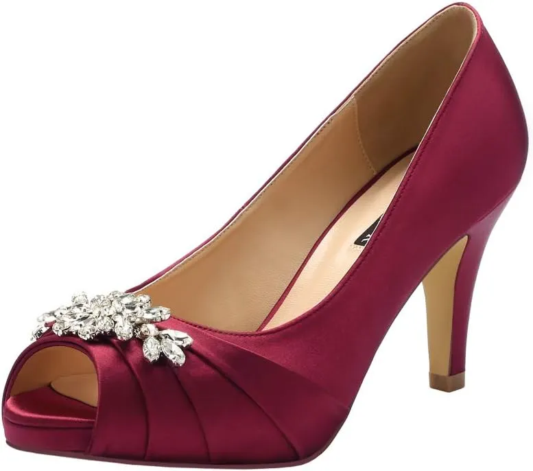 ERIJUNOR Peep Toe Mid Heels for Woman Rhinestones Satin Evening Prom Wedding Shoes