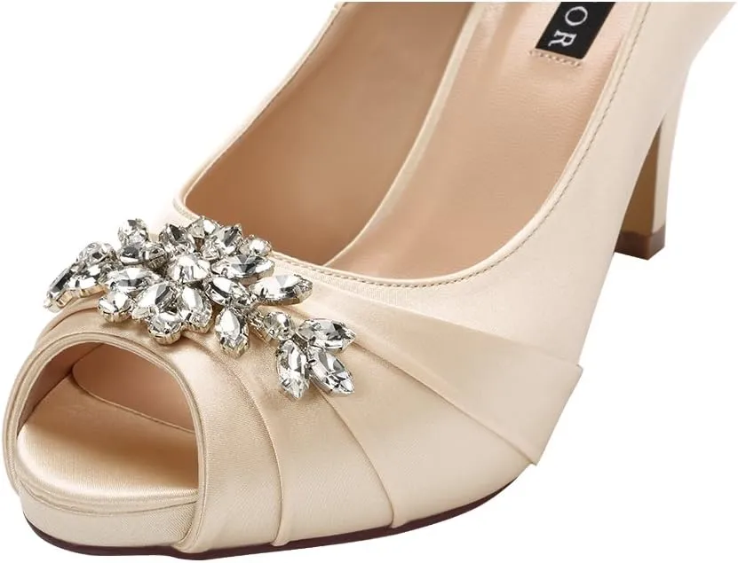 ERIJUNOR Peep Toe Mid Heels for Woman Rhinestones Satin Evening Prom Wedding Shoes