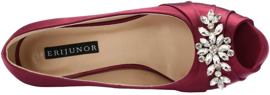 ERIJUNOR Peep Toe Mid Heels for Woman Rhinestones Satin Evening Prom Wedding Shoes