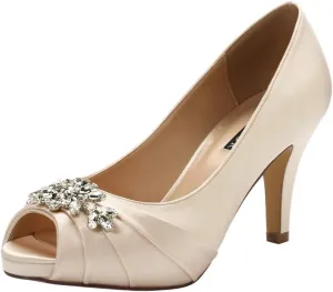 ERIJUNOR Peep Toe Mid Heels for Woman Rhinestones Satin Evening Prom Wedding Shoes