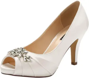 ERIJUNOR Peep Toe Mid Heels for Woman Rhinestones Satin Evening Prom Wedding Shoes