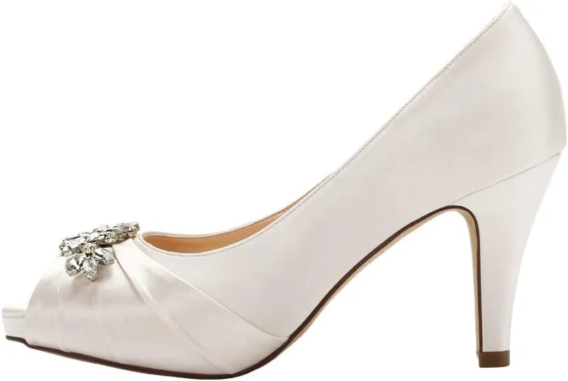 ERIJUNOR Peep Toe Mid Heels for Woman Rhinestones Satin Evening Prom Wedding Shoes