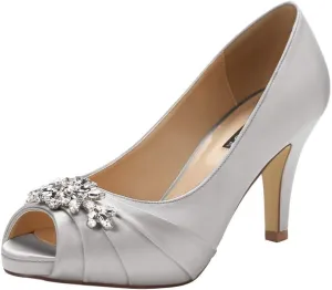 ERIJUNOR Peep Toe Mid Heels for Woman Rhinestones Satin Evening Prom Wedding Shoes