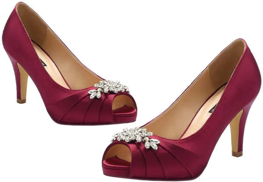 ERIJUNOR Peep Toe Mid Heels for Woman Rhinestones Satin Evening Prom Wedding Shoes