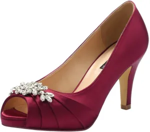 ERIJUNOR Peep Toe Mid Heels for Woman Rhinestones Satin Evening Prom Wedding Shoes