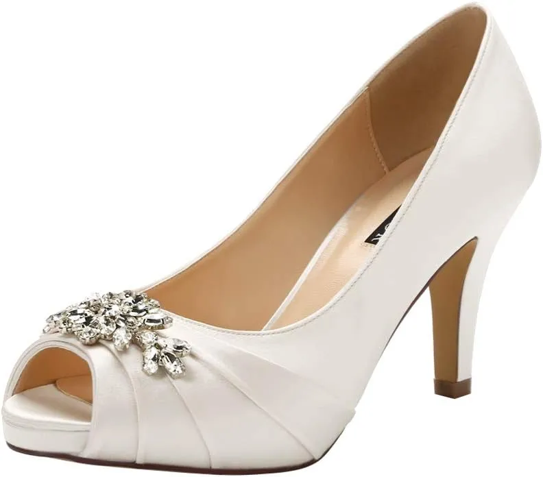 ERIJUNOR Peep Toe Mid Heels for Woman Rhinestones Satin Evening Prom Wedding Shoes