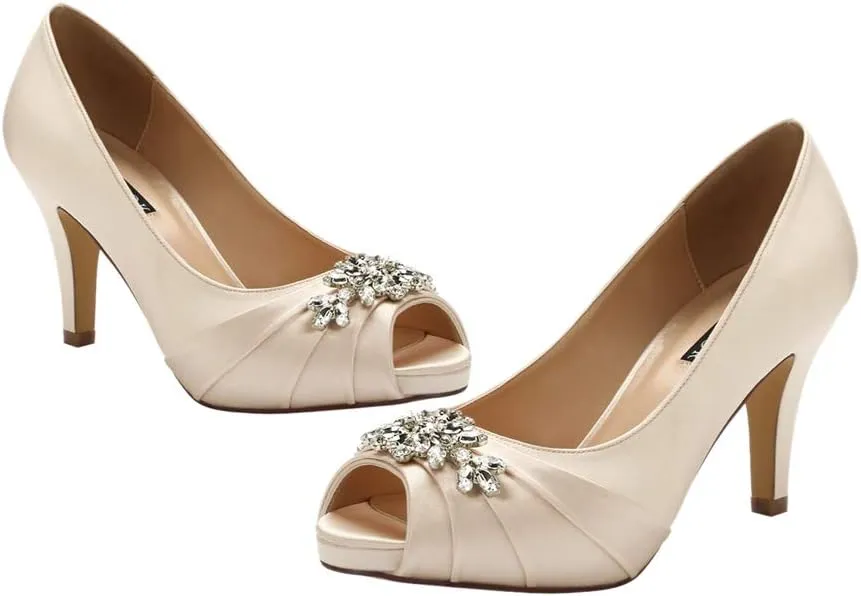 ERIJUNOR Peep Toe Mid Heels for Woman Rhinestones Satin Evening Prom Wedding Shoes