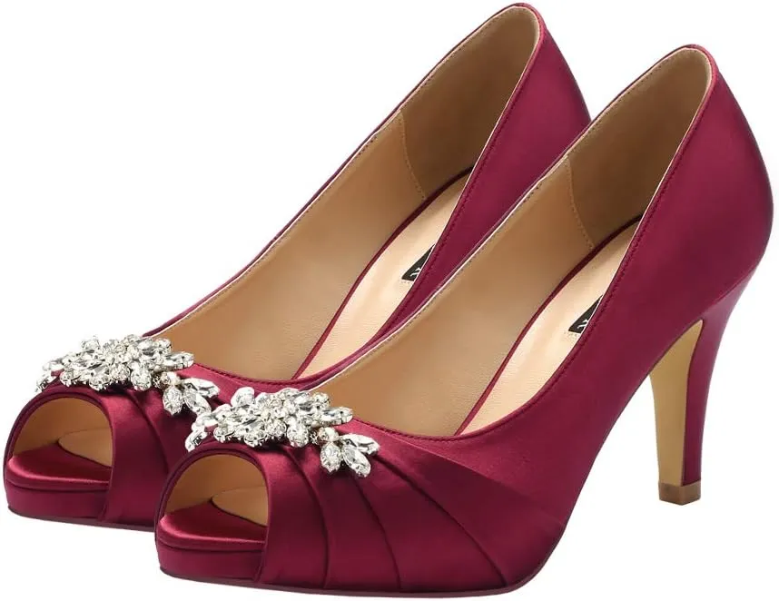 ERIJUNOR Peep Toe Mid Heels for Woman Rhinestones Satin Evening Prom Wedding Shoes