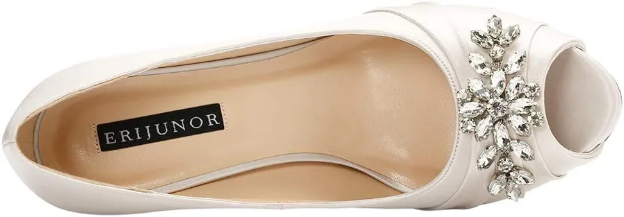 ERIJUNOR Peep Toe Mid Heels for Woman Rhinestones Satin Evening Prom Wedding Shoes