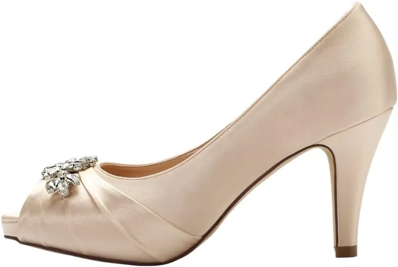 ERIJUNOR Peep Toe Mid Heels for Woman Rhinestones Satin Evening Prom Wedding Shoes