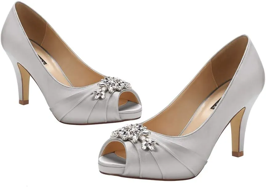 ERIJUNOR Peep Toe Mid Heels for Woman Rhinestones Satin Evening Prom Wedding Shoes