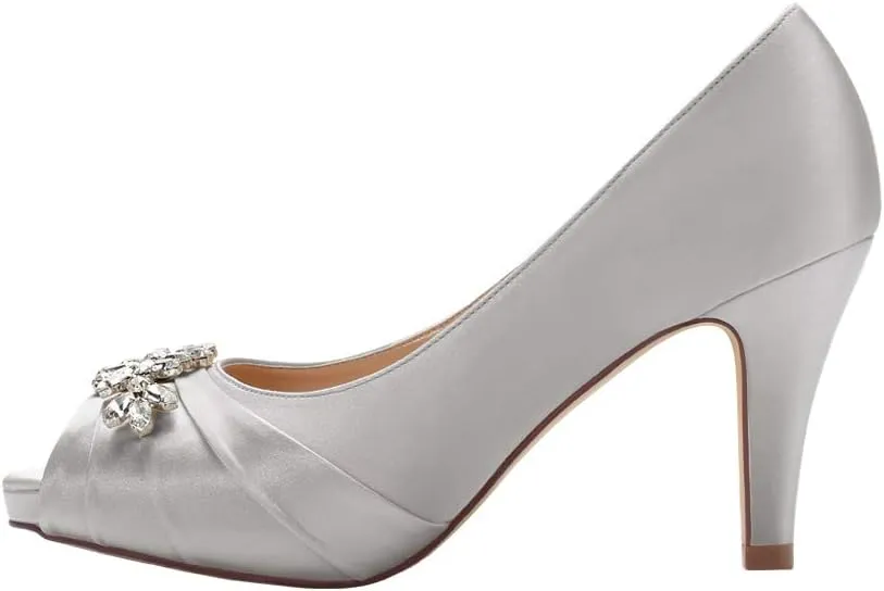 ERIJUNOR Peep Toe Mid Heels for Woman Rhinestones Satin Evening Prom Wedding Shoes