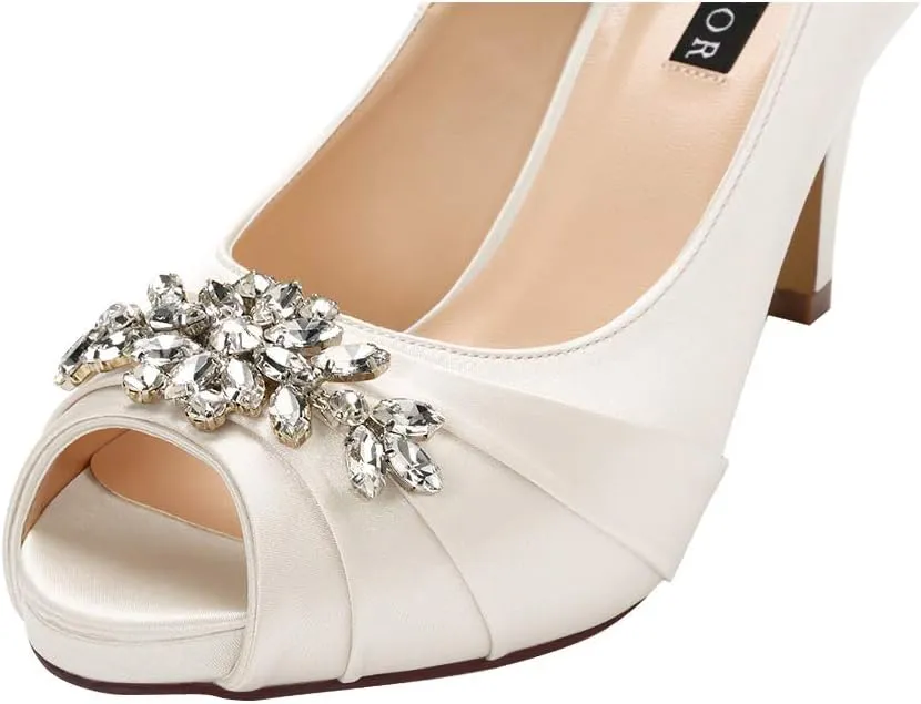 ERIJUNOR Peep Toe Mid Heels for Woman Rhinestones Satin Evening Prom Wedding Shoes