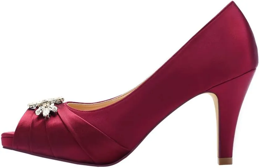 ERIJUNOR Peep Toe Mid Heels for Woman Rhinestones Satin Evening Prom Wedding Shoes