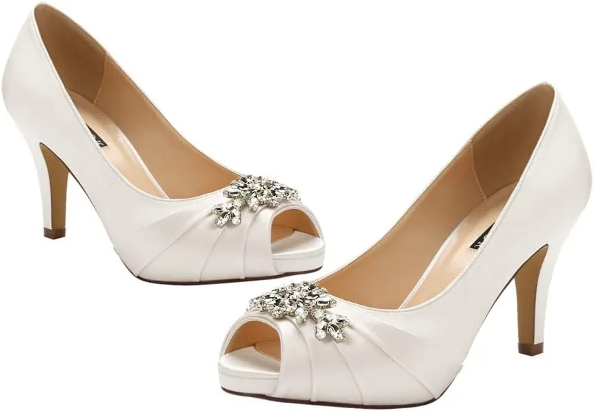 ERIJUNOR Peep Toe Mid Heels for Woman Rhinestones Satin Evening Prom Wedding Shoes