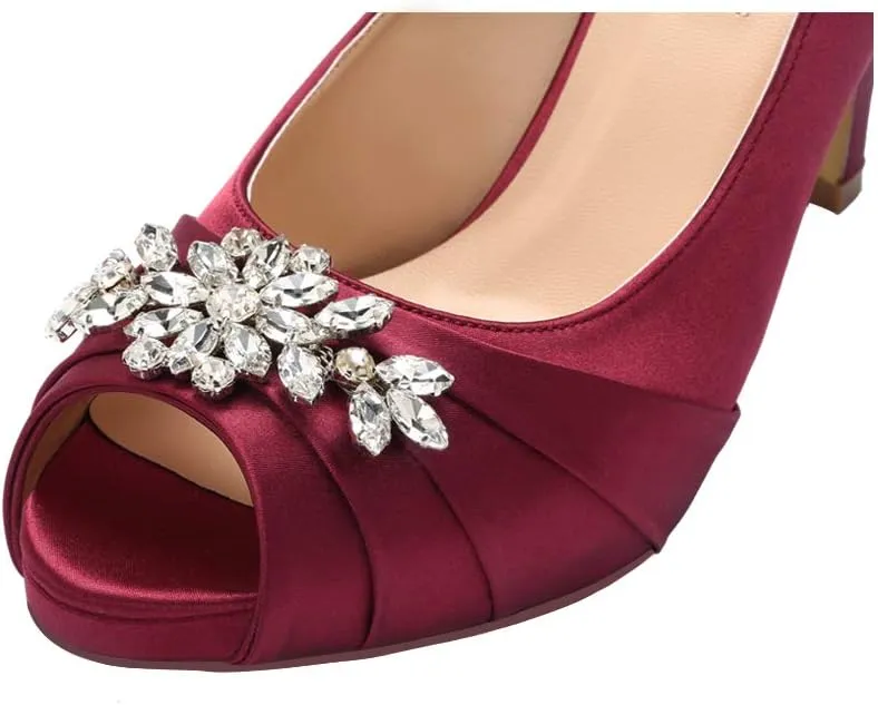 ERIJUNOR Peep Toe Mid Heels for Woman Rhinestones Satin Evening Prom Wedding Shoes
