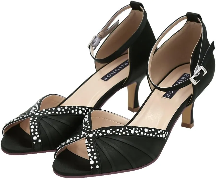 ERIJUNOR Women Comfort Low Heel Ankle Strap Rhinestones Pleat Satin Wedding Evening Dress Dance Shoes