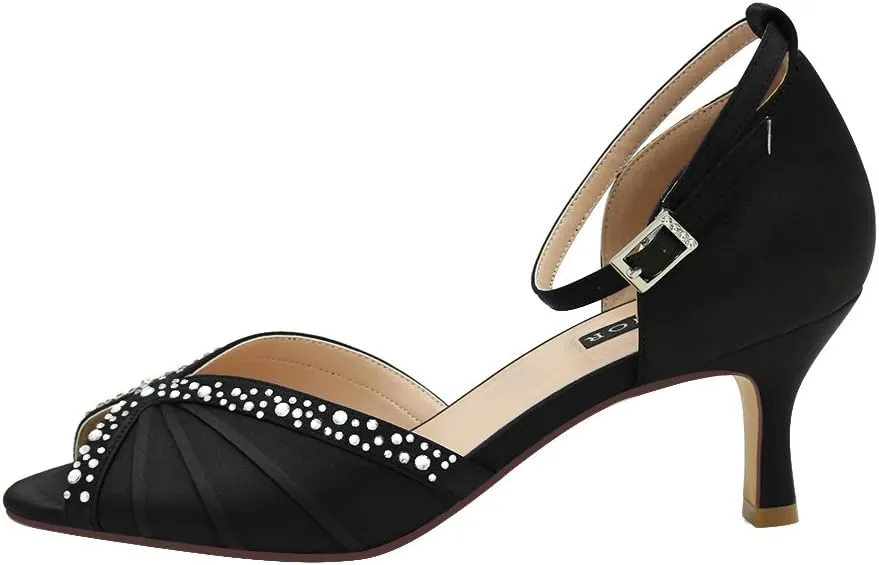 ERIJUNOR Women Comfort Low Heel Ankle Strap Rhinestones Pleat Satin Wedding Evening Dress Dance Shoes