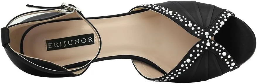 ERIJUNOR Women Comfort Low Heel Ankle Strap Rhinestones Pleat Satin Wedding Evening Dress Dance Shoes