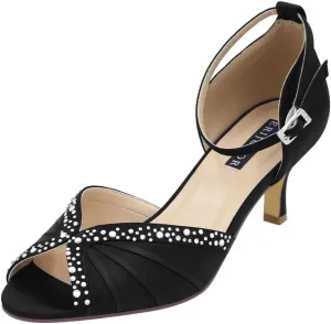 ERIJUNOR Women Comfort Low Heel Ankle Strap Rhinestones Pleat Satin Wedding Evening Dress Dance Shoes