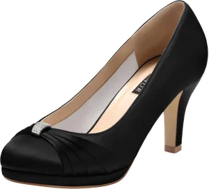 ERIJUNOR Women Comfortable Mid Heel Pumps Closed Toe Rhinestones Brooch Satin Evening Prom Wedding Shoes