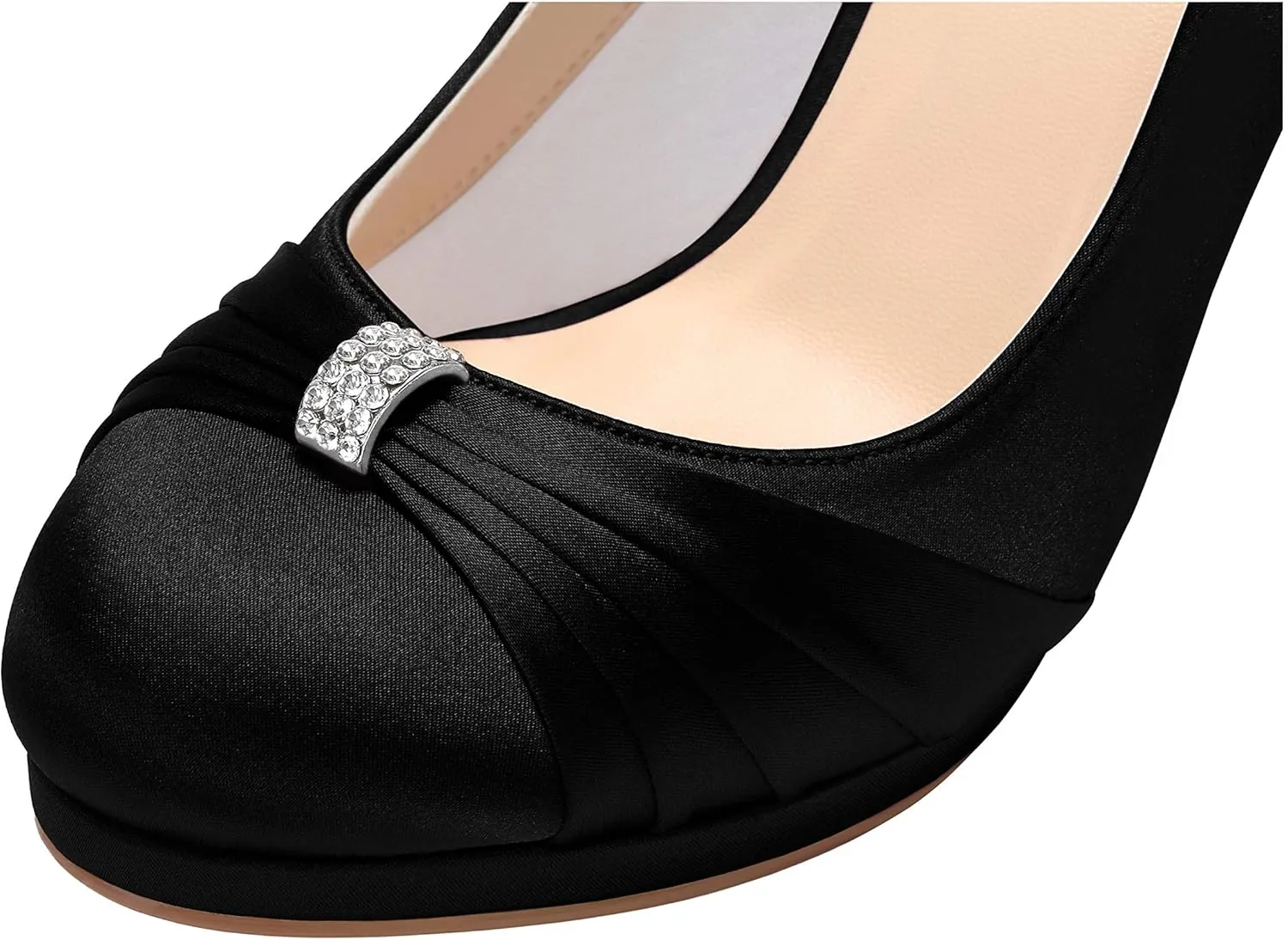 ERIJUNOR Women Comfortable Mid Heel Pumps Closed Toe Rhinestones Brooch Satin Evening Prom Wedding Shoes