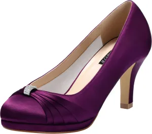 ERIJUNOR Women Comfortable Mid Heel Pumps Closed Toe Rhinestones Brooch Satin Evening Prom Wedding Shoes