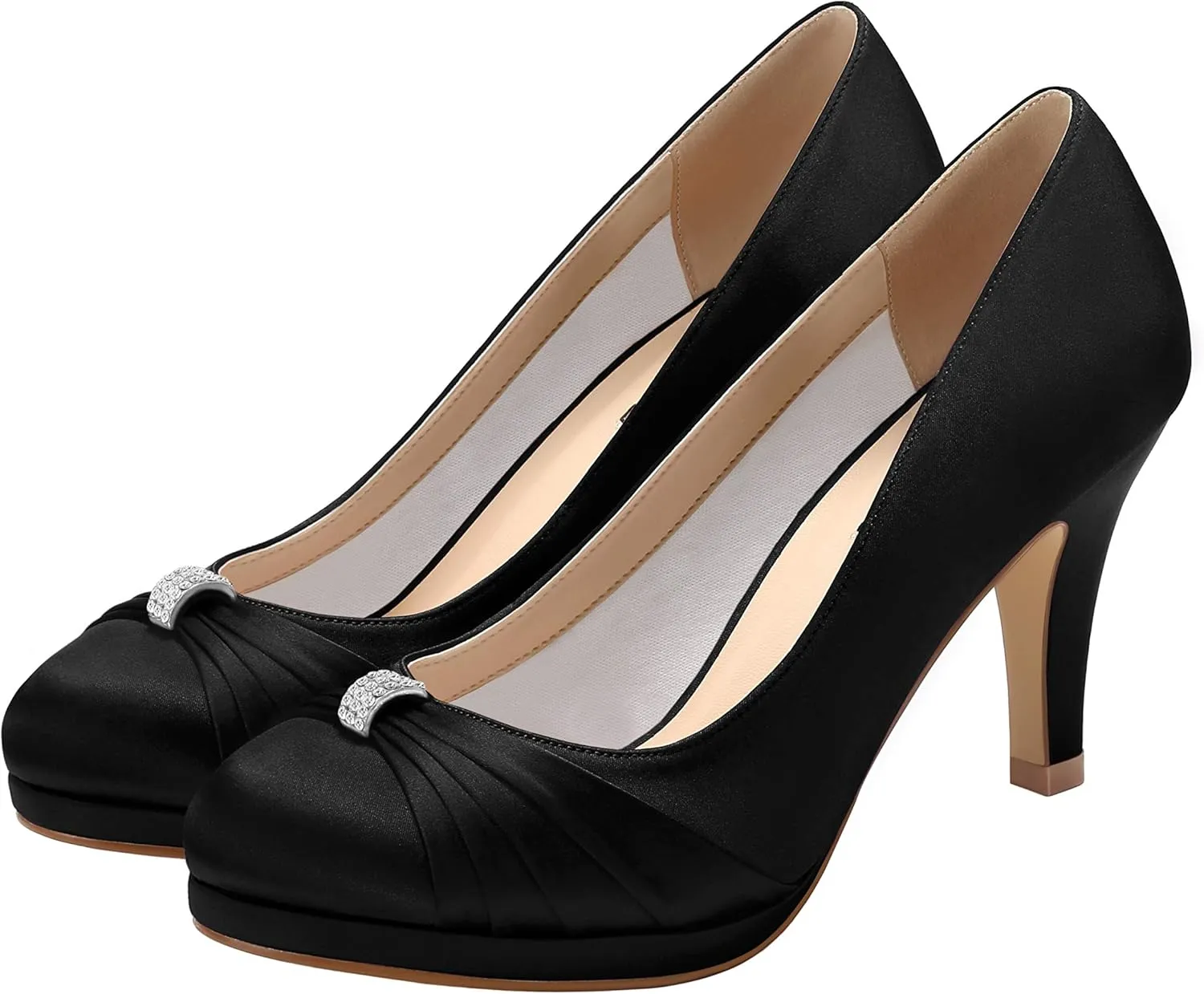 ERIJUNOR Women Comfortable Mid Heel Pumps Closed Toe Rhinestones Brooch Satin Evening Prom Wedding Shoes