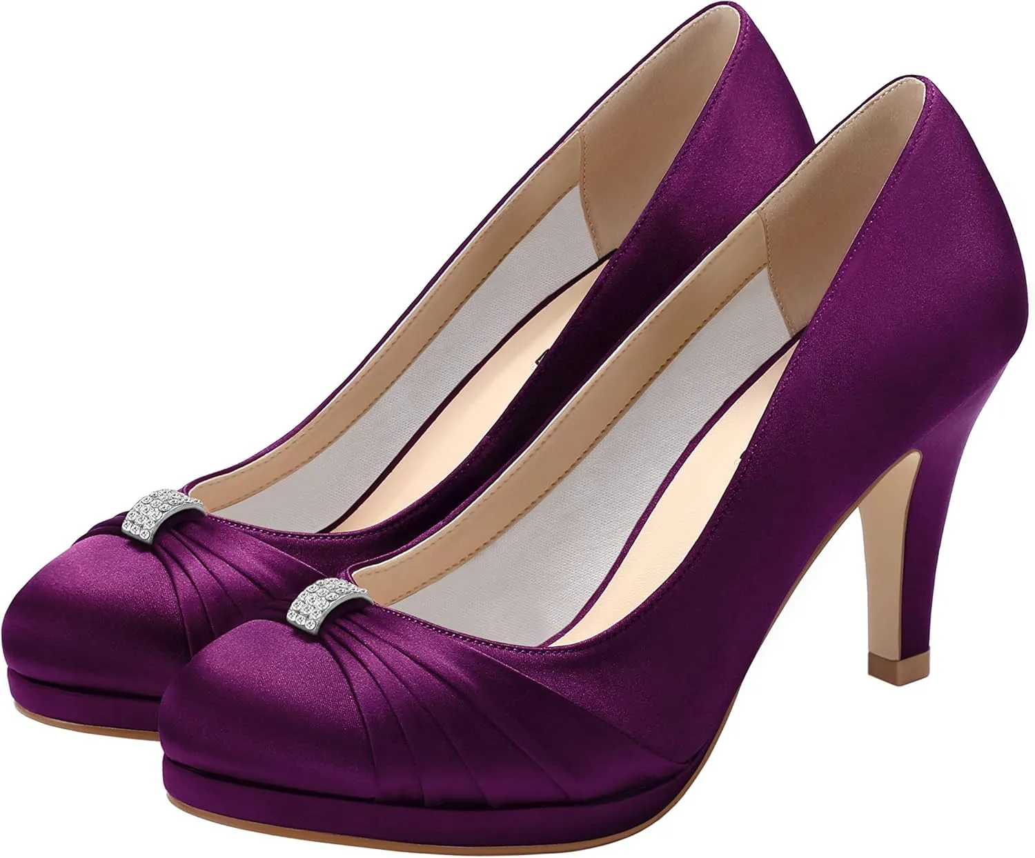 ERIJUNOR Women Comfortable Mid Heel Pumps Closed Toe Rhinestones Brooch Satin Evening Prom Wedding Shoes