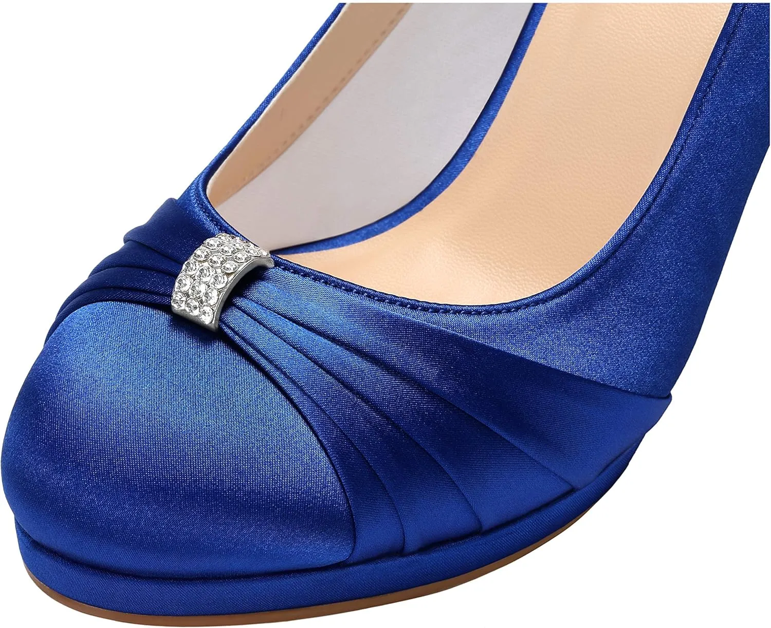ERIJUNOR Women Comfortable Mid Heel Pumps Closed Toe Rhinestones Brooch Satin Evening Prom Wedding Shoes