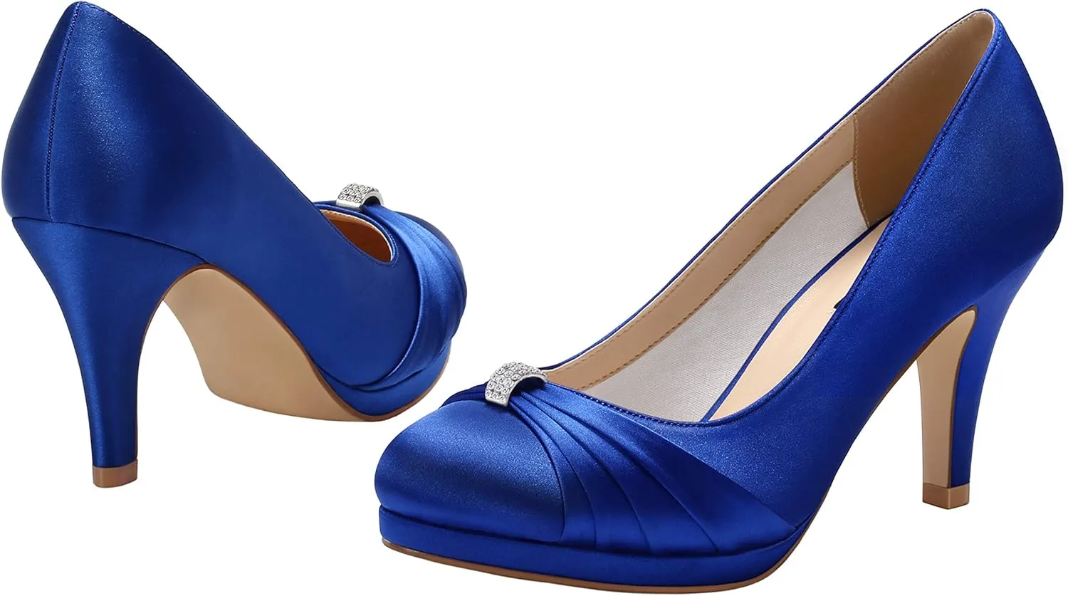 ERIJUNOR Women Comfortable Mid Heel Pumps Closed Toe Rhinestones Brooch Satin Evening Prom Wedding Shoes