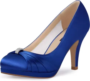 ERIJUNOR Women Comfortable Mid Heel Pumps Closed Toe Rhinestones Brooch Satin Evening Prom Wedding Shoes