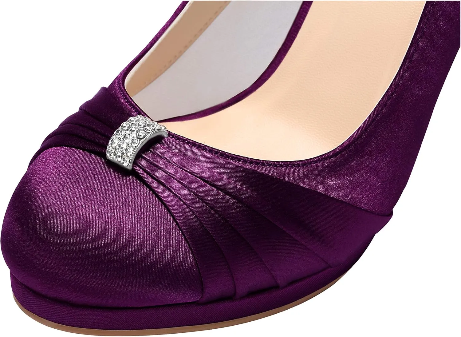 ERIJUNOR Women Comfortable Mid Heel Pumps Closed Toe Rhinestones Brooch Satin Evening Prom Wedding Shoes