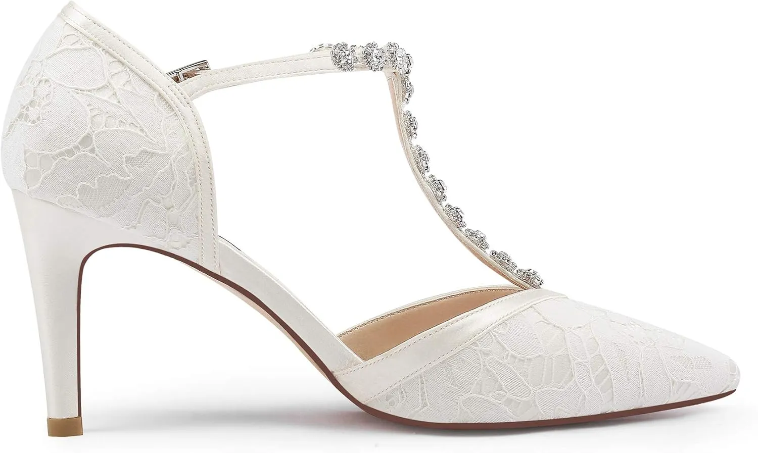 ERIJUNOR Women Lace Bridal Shoes Mid Heel with Rhinestones T-Strap Pointy Toe Satin Wedding Shoes