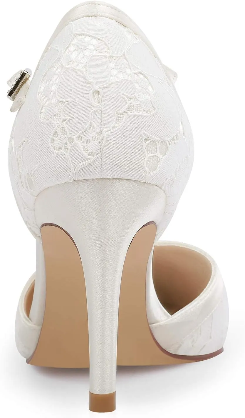 ERIJUNOR Women Lace Bridal Shoes Mid Heel with Rhinestones T-Strap Pointy Toe Satin Wedding Shoes